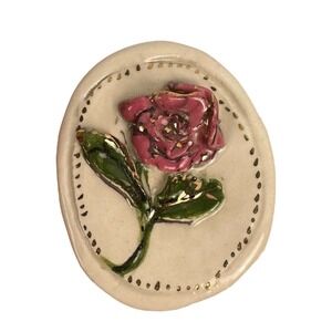 Rose Flower Pin Brooch Handmade Ceramic Floral Lapel Pin Gold Accent 2.0‎